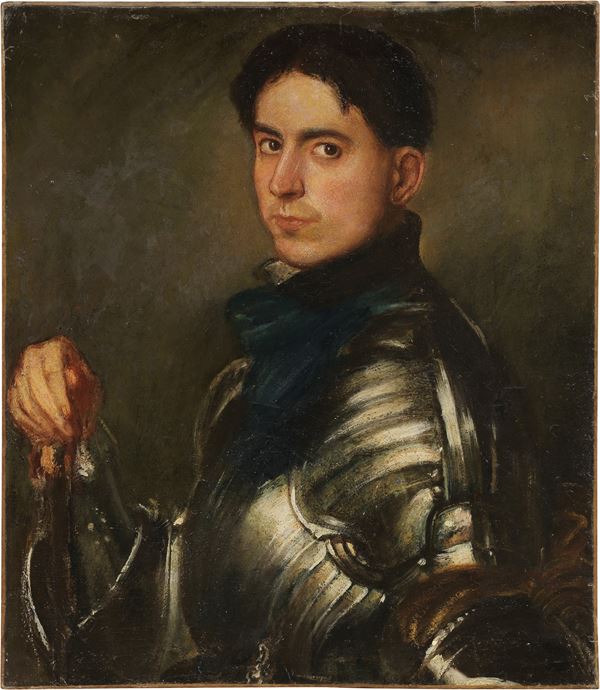Armando Spadini : Autoritratto con la corazza  ((1902))  - Olio su cartone applicato tela - Auction XIX and XX Century Paintings and Sculptures - Casa d'aste Farsettiarte