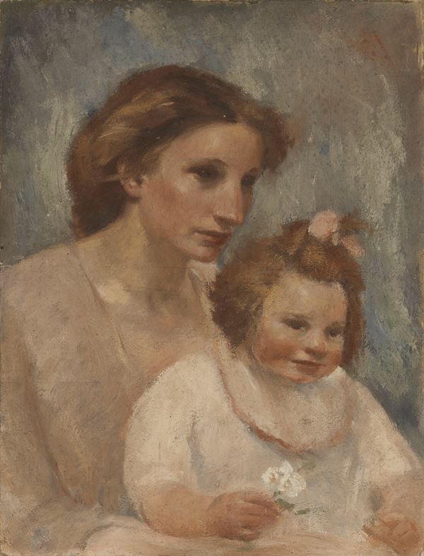 Anonimo del XX secolo : Madre e bambina con fiocco rosa  - Olio su cartone - Auction XIX and XX Century Paintings and Sculptures - Casa d'aste Farsettiarte