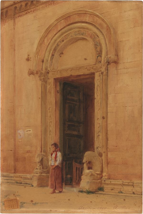 Alberto Pisa : Sulla soglia di San Rufino ad Assisi  (1900)  - Acquerello su carta applicata su cartone - Auction XIX and XX Century Paintings and Sculptures - Casa d'aste Farsettiarte