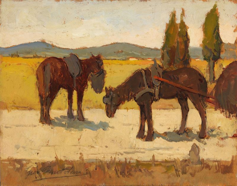 Giovanni Bartolena - Cavalli al sole, olio su compensato