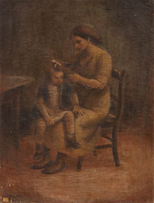 Ermanno Toschi : Mamma che pettina la bambina  - Olio su tela - Auction PARADE II - XIX AND XX CENTURY PAINTINGS AND SCULPTURES - Casa d'aste Farsettiarte