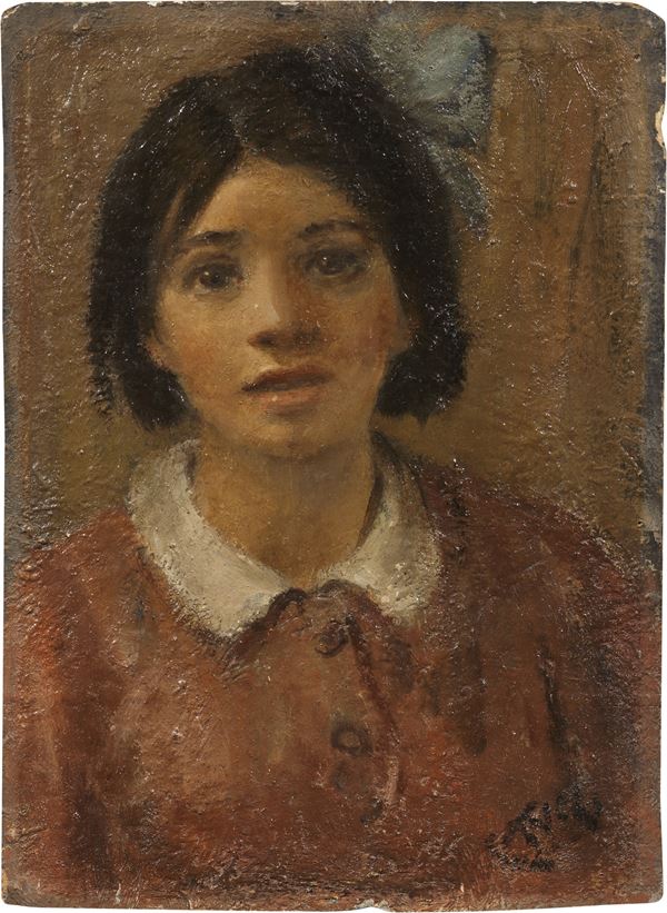 Ermanno Toschi : Ritratto di fanciulla con fiocco azzurro  ((1931))  - Olio su tavola - Auction XIX and XX Century Paintings and Sculptures - Casa d'aste Farsettiarte