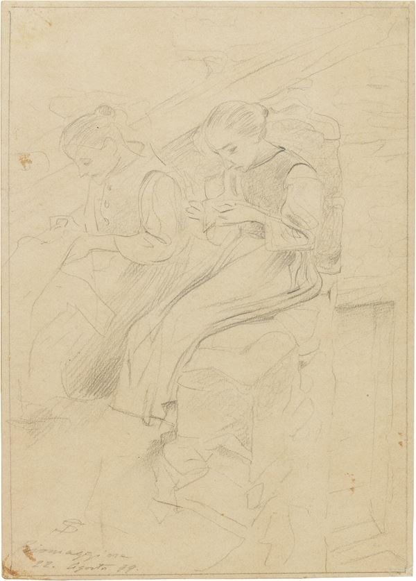 Telemaco Signorini : Due donne sedute che fanno la calza  (1899)  - Matita su carta - Auction XIX and XX Century Paintings and Sculptures - Casa d'aste Farsettiarte