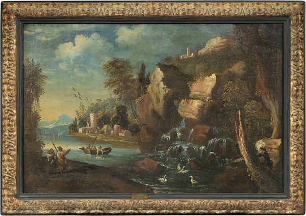 Domenico Pecchio - Paesaggio con veduta marina, cascata, castello e pescatori