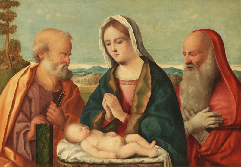Scuola Veneta del XVI Secolo - Madonna Adorante il Bambino, San Pietro e San Girolamo