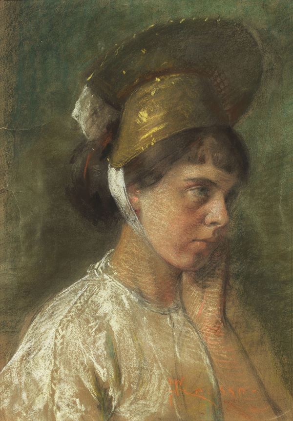 Giacomo Grosso - Ritratto di giovane donna con copricapo