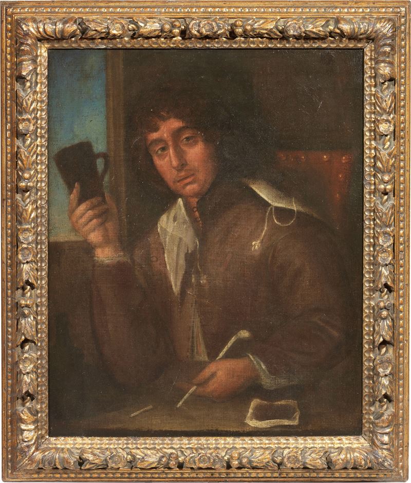 Scuola Lombarda Fine XVII Secolo - Ritratto di Giovane con Pipa e Boccale