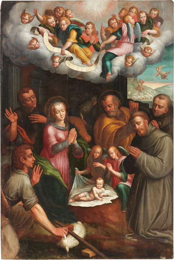 Scuola emiliana del XVI secolo - Natività con due Santi francescani e pastori: sullo sfondo Annuncio ai pastori