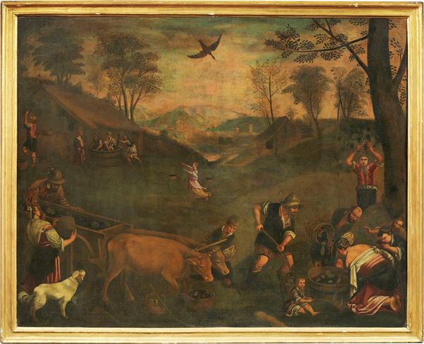 Scuola dei Bassano del XVII secolo - Paesaggio con contadini e armenti