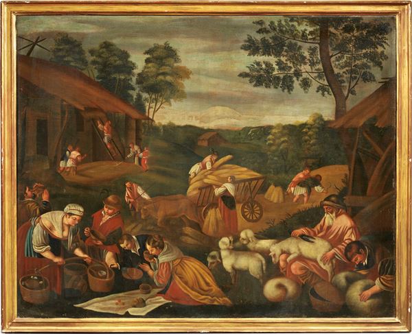 Scuola dei Bassano del XVII secolo - Paesaggio con scena di mercato e tosatura di un gregge