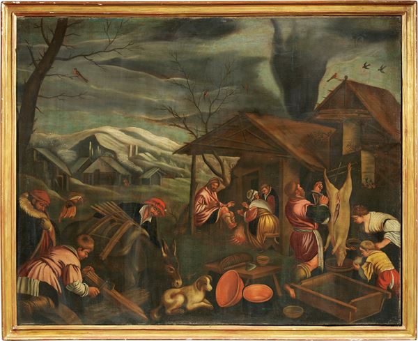 Scuola dei Bassano del XVII secolo - Paesaggio con scena di mercato e macellazione del suino