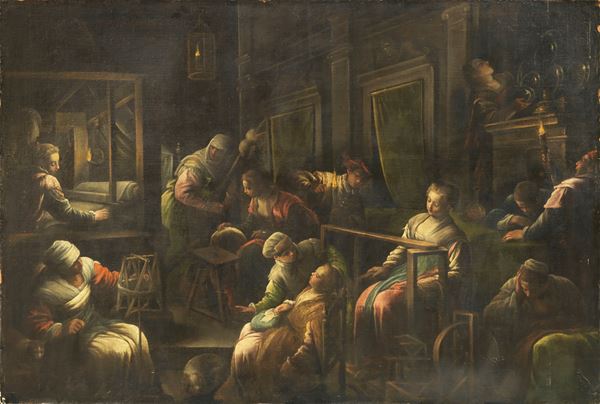 Francesco Bassano il Giovane (attr. a) : Le tessitrici  - Olio su tela riportata su faesite - Asta Importanti Arredi, Sculture e Dipinti Antichi - Casa d'aste Farsettiarte