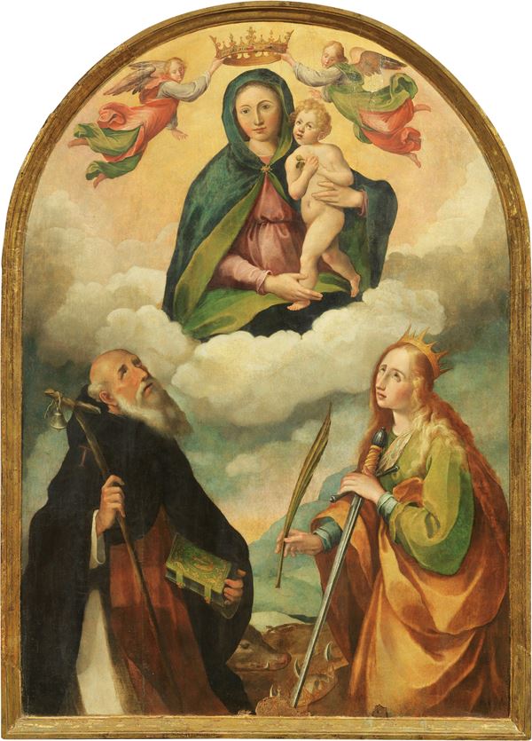 Scuola Italia centrale fine XVI secolo - Madonna incoronata con Santa Caterina d'Alessandria e Sant'Antonio Abate