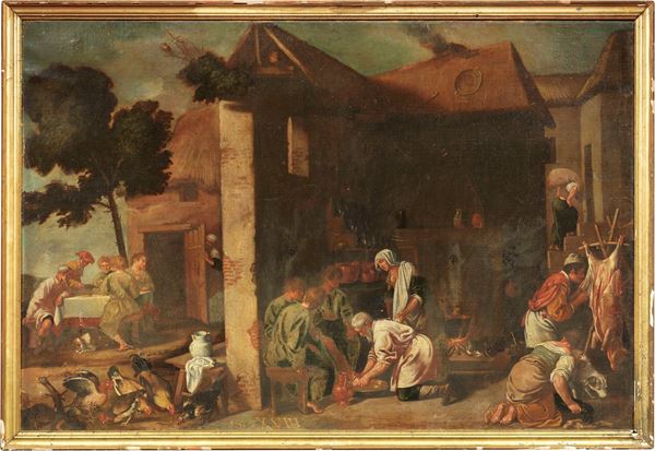 Scuola emiliana del XVII secolo : Scena di mercato  - Olio su tela - Asta Importanti Arredi, Sculture e Dipinti Antichi - Casa d'aste Farsettiarte
