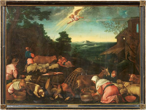 Jacopo da Ponte detto Bassano (studio di) : Annuncio ai pastori  - Olio su tela - Asta Importanti Arredi, Sculture e Dipinti Antichi - Casa d'aste Farsettiarte