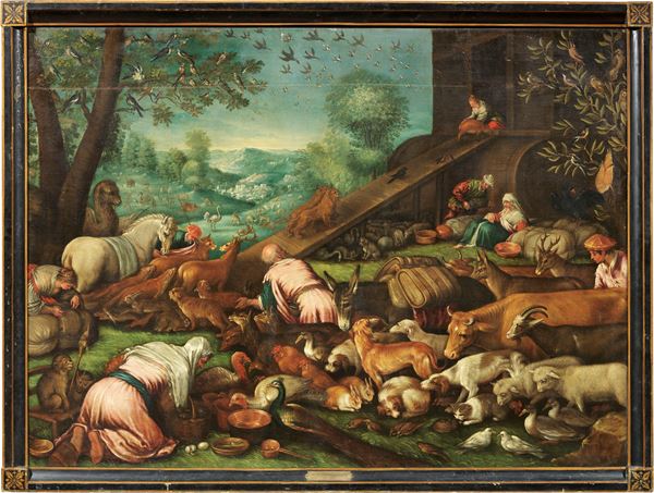 Jacopo da Ponte detto Bassano (studio di) : Ingresso degli animali nell'Arca di Noè  - Olio su tela - Asta Importanti Arredi, Sculture e Dipinti Antichi - Casa d'aste Farsettiarte