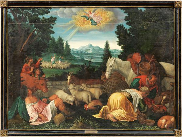 Jacopo da Ponte detto Bassano (studio di) : Paesaggio con annuncio ai pastori  - Olio su tela - Asta Importanti Arredi, Sculture e Dipinti Antichi - Casa d'aste Farsettiarte