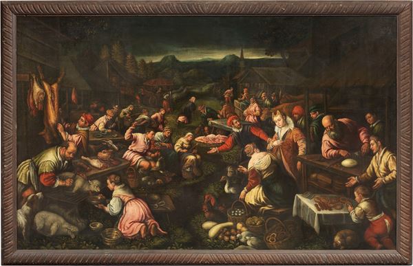 Scuola dei Bassano del XVII secolo - Scena di mercato (Preparativi della cena di Cana)