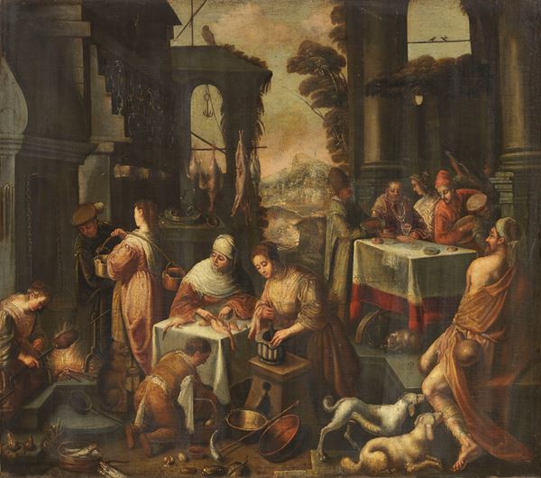 Scuola veneta inizio XVII secolo - Paesaggio con scena di mercato
