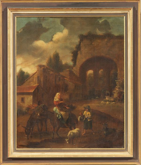 Pittore bambocciante del XVII secolo - Paesaggio con pellegrini e ruderi architettonici