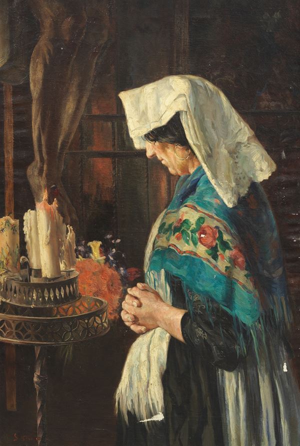 Ignoto fine XIX - inizio XX secolo - Interno di chiesa con ciociara che prega