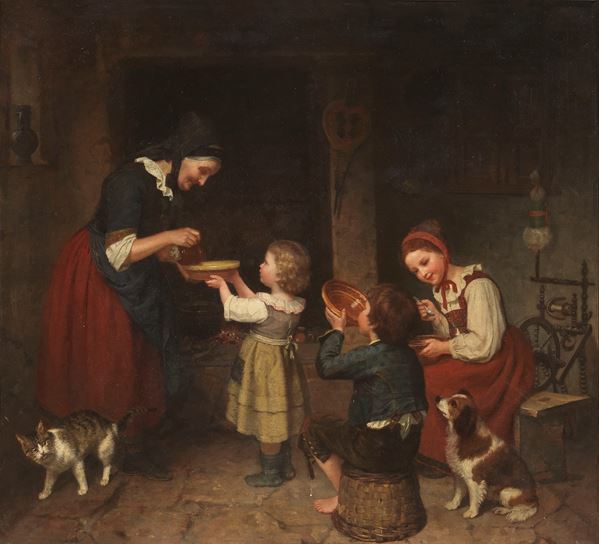 Anonimo del XIX secolo : L'ora della cena  - Olio su tela - Auction XIX and XX Century Paintings and Sculptures - Casa d'aste Farsettiarte
