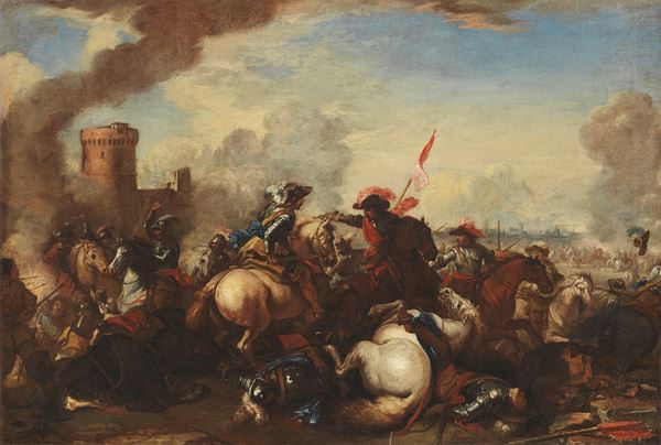 Jacques Courtois, detto il Borgognone (attr. a) - Battaglia di cavalleria davanti a una città turrita