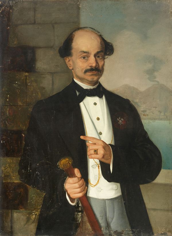 Ignoto met&#224; XIX secolo - Ritratto del Conte Coppola con il Vesuvio sullo sfondo