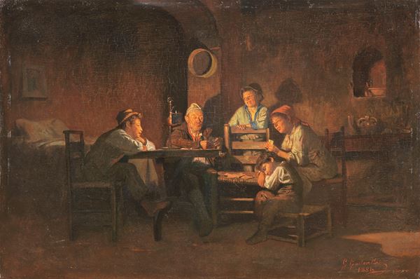 Giuseppe Costantini : Una partita a carte in famiglia  (1881)  - Olio su tavola - Auction XIX and XX Century Paintings and Sculptures - Casa d'aste Farsettiarte