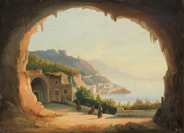 Ignoto del XIX secolo : Veduta di Amalfi dalla Grotta dei Cappuccini  - Olio su tela - Asta Dipinti e Sculture del XIX e XX secolo - Casa d'aste Farsettiarte