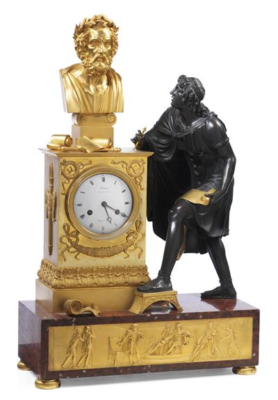 Orologio da Tavolo in Bronzo Dorato, Brunito e Marmo Rosso in Stile Neoclassico