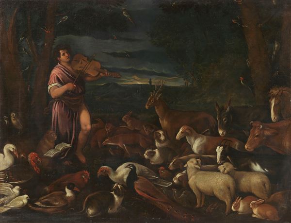 Scuola dei Bassano del XVII secolo - Orfeo incanta gli animali