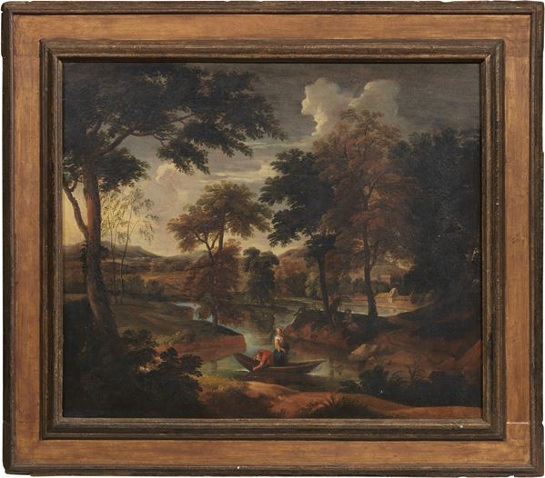 Scuola Italia settentrionale del XVII secolo : Paesaggio fluviale con barca e figure  - Olio su tela - Auction Old Masters Paintings - Casa d'aste Farsettiarte