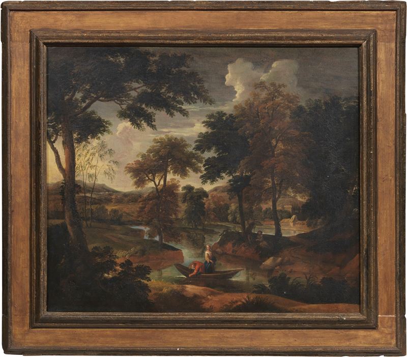 Paesaggio fluviale con barca e figure