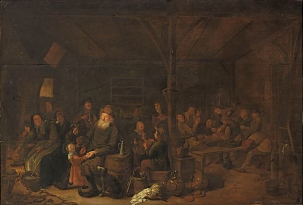 Scuola fiamminga del XVII secolo - Interno di locanda con scene di vita