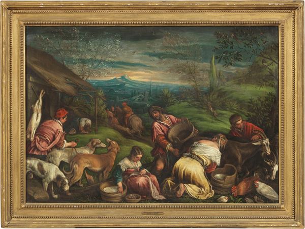 Francesco Bassano il Giovane (studio di) : Paesaggio con contadini (Pastorale)  - Olio su tela - Asta Importanti Arredi, Sculture e Dipinti Antichi - Casa d'aste Farsettiarte