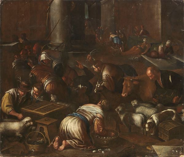 Scuola dei Bassano del XVII secolo - Gesù caccia i mercanti dal Tempio