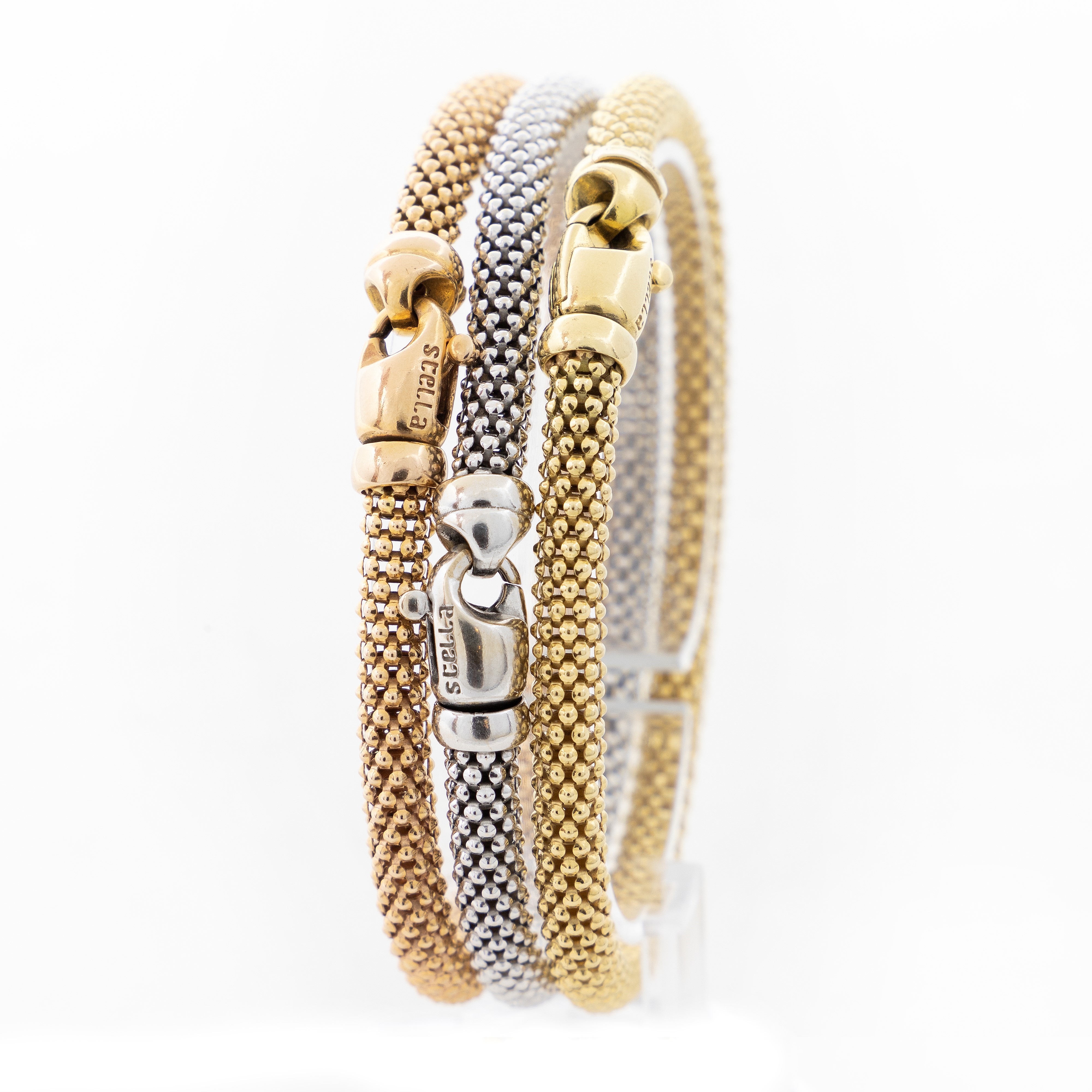 Tre Bracciali in Oro Giallo, Bianco e Rosa