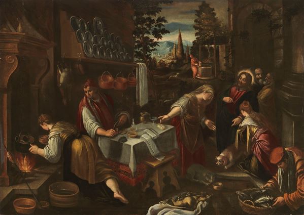 Scuola dei Bassano del XVII secolo - Gesù a casa di Marta e Maria