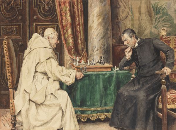 Arnaldo Tamburini : La partita a scacchi  - Acquerello su cartoncino - Auction XIX and XX Century Paintings and Sculptures - Casa d'aste Farsettiarte