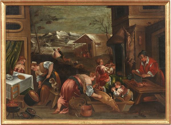 Scuola dei Bassano del XVII secolo : Lavorazione del suino (Allegoria dell'Inverno)  - Olio su tela - Asta Importanti Arredi, Sculture e Dipinti Antichi - Casa d'aste Farsettiarte