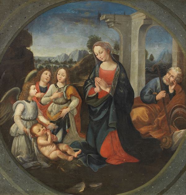 Scuola toscana inizio XVII secolo - Sacra Famiglia con tre Angeli