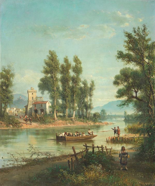 Ignoto del XIX secolo : Paesaggio fluviale  - Olio su tela - Auction Parade III - XIX and XX Century Paintings and Sculptures - Casa d'aste Farsettiarte