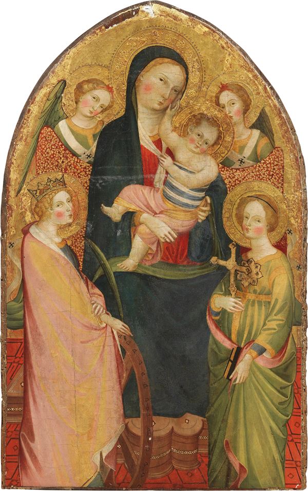 Pittore tardogotico veneto del XV secolo - Madonna col Bambino, Santa Caterina d'Alessandria, una Santa e due Angeli
