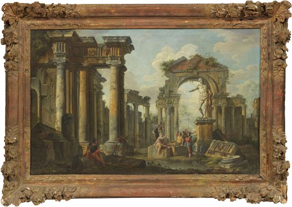 Giovanni Paolo Panini - Rovine architettoniche con soldati sotto una statua romana