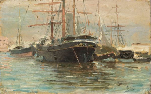 Arturo Faldi : Porto  - Olio su cartone - Auction XIX and XX Century Paintings and Sculptures - Casa d'aste Farsettiarte