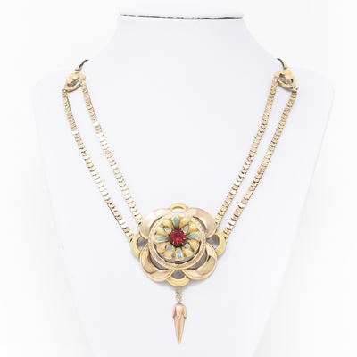 Antica Collana in Oro Giallo con Smalto e Pietra Rossa