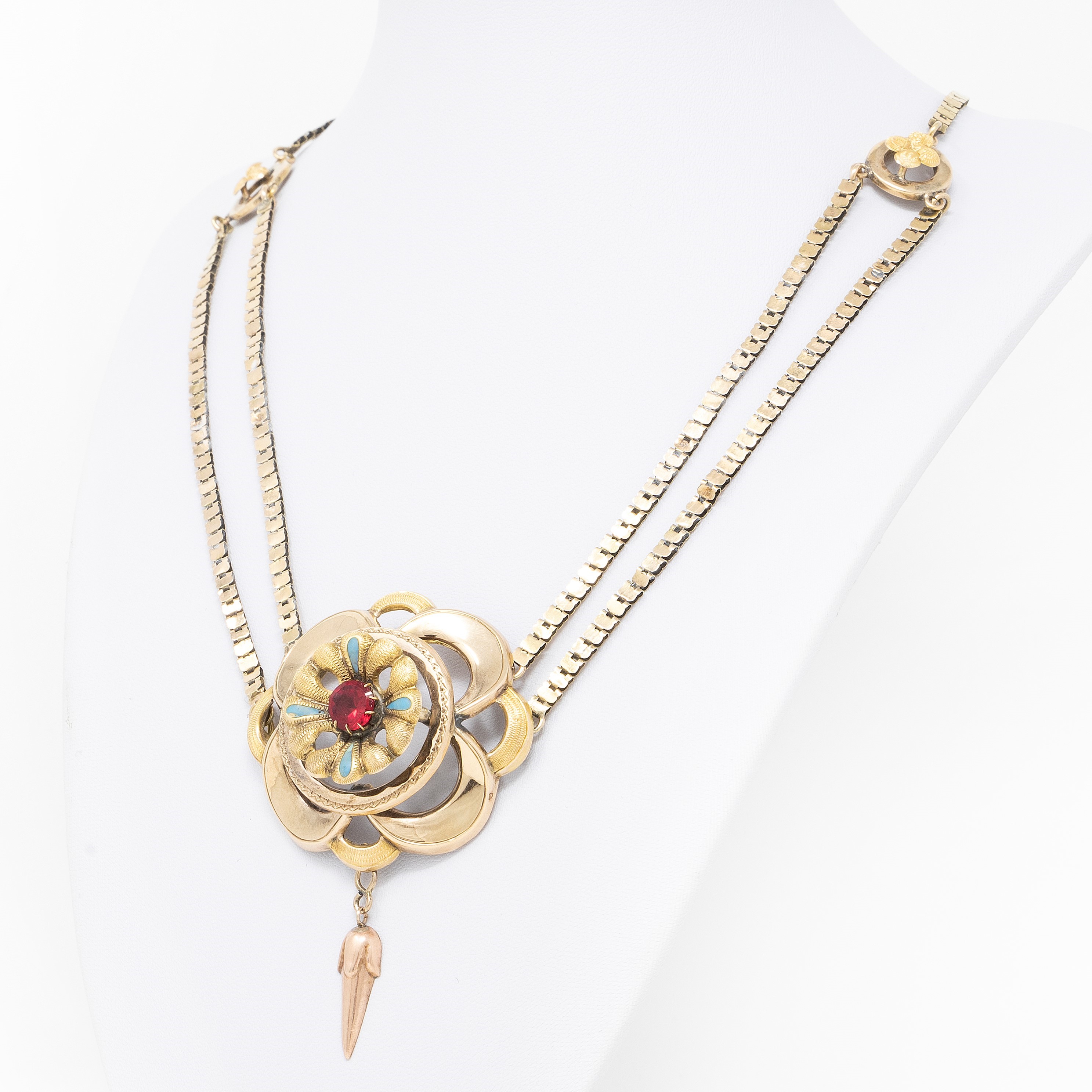 Antica Collana in Oro Giallo con Smalto e Pietra Rossa