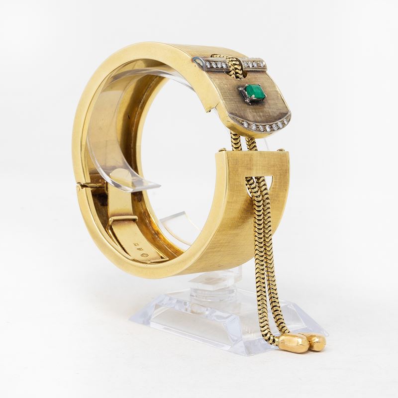 Bracciale a Fascia Rigida in Oro Giallo con Smeraldo e Diamanti