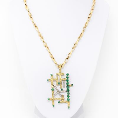 Collana a Maglie con Pendente in Oro Giallo con Smeraldi e Piccoli Brillanti